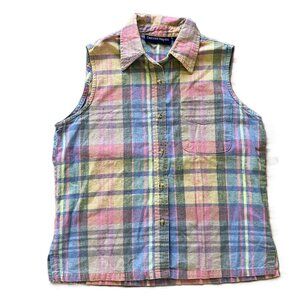 Linen Blend Sleeveless Shirt Pastel Madras Plaid Vintage Y2K Denver Hayes
